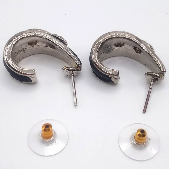 Panther Earrings Black Enamel Silver-Tone Pierced Back Open Half Hoop 1"Earrings - Picture 6 of 11